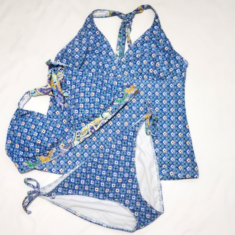 Athleta 3piece Tankini Bikini Set Blue Pattern Large